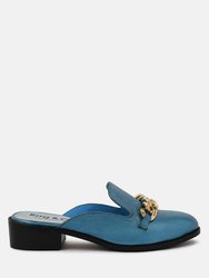 Aksa Chain Embellished Metallic Blue Leather Mules