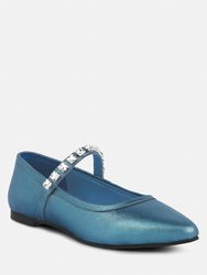 Alverno Metallic Diamante Mary Jane Leather Flats In Blue - Blue