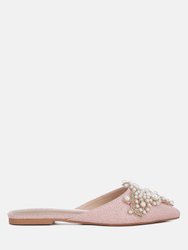 Astre Pearl Embellished Shimmer Mules In Blush - Blush