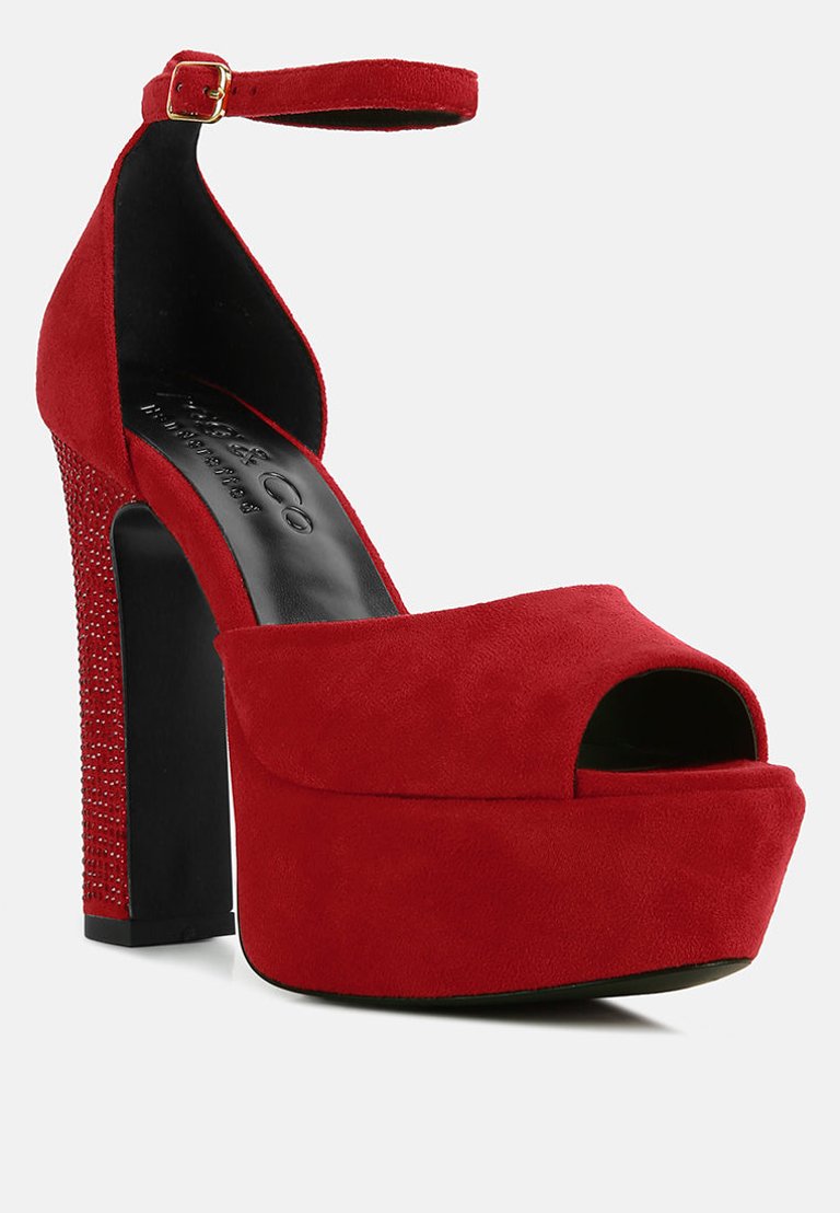 Beaty Red Studded Suede High Block Heeled Sandals - Red