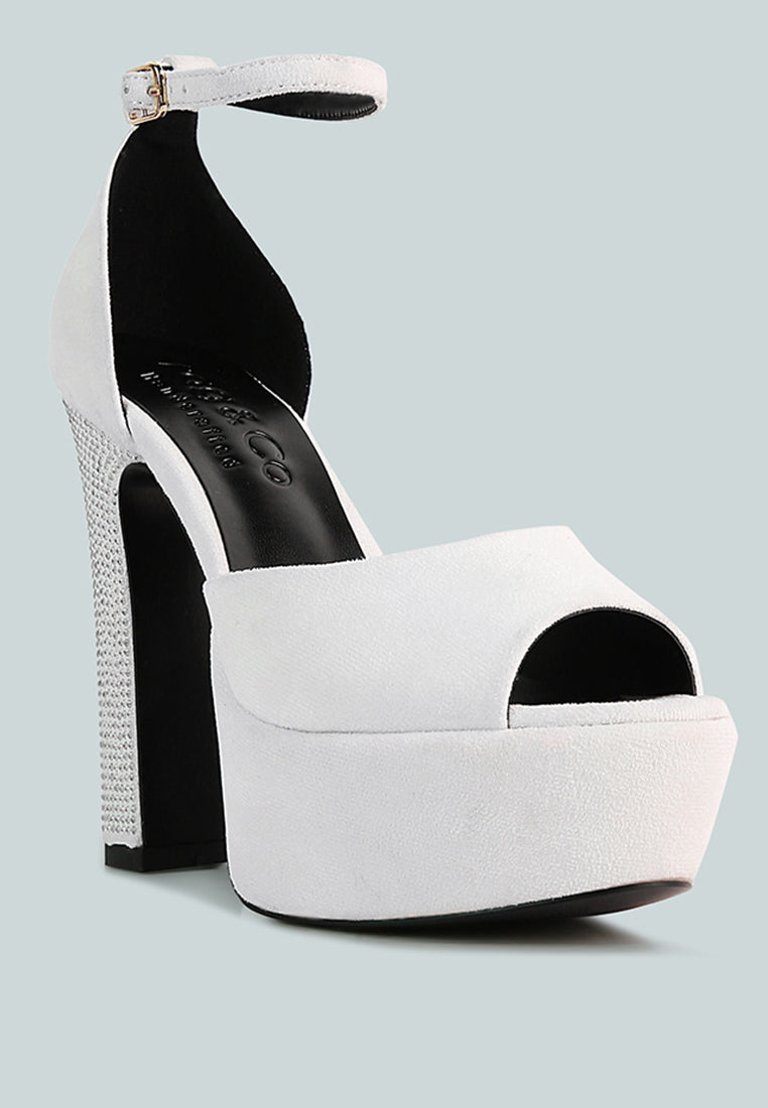 Beaty White Studded Suede High Block Heeled Sandals - White