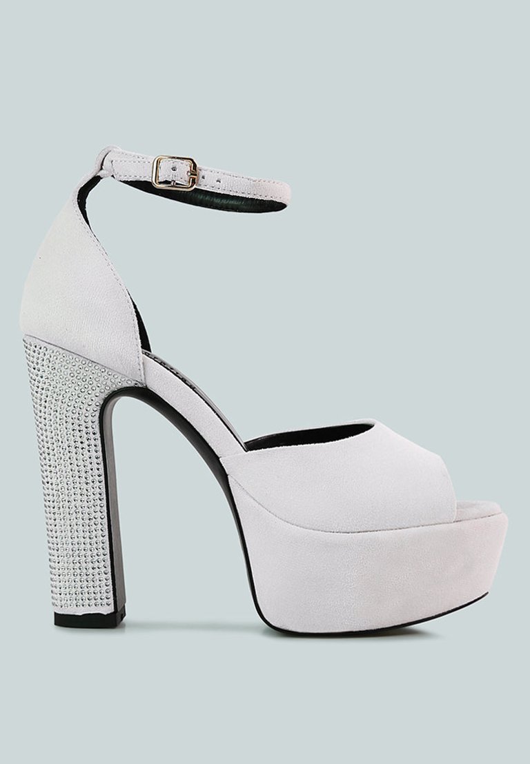 Beaty White Studded Suede High Block Heeled Sandals