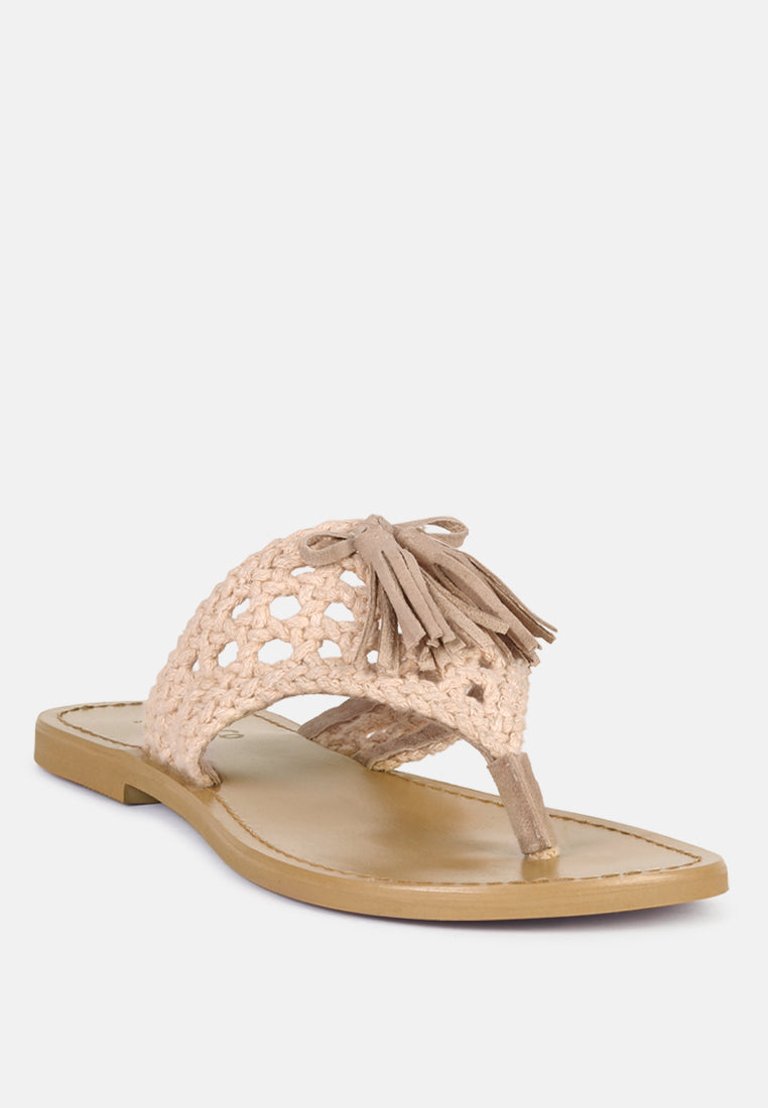 Beech Handwoven Natural Latte Suede Tassel Thong Flats - Latte