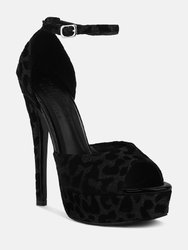 Brigitte Black Leopard Print Peep Toe Stiletto Sandal - Black