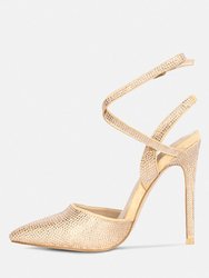 Charmer Rhinestone Embellished Stiletto Sandals In Champagne