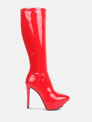 Chatton Red Patent Stiletto High Heeled Calf Boots