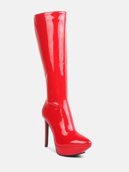 Chatton Red Patent Stiletto High Heeled Calf Boots - Red