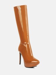 Chatton Tan Patent Stiletto High Heeled Calf Boots - Tan