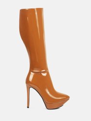 Chatton Tan Patent Stiletto High Heeled Calf Boots