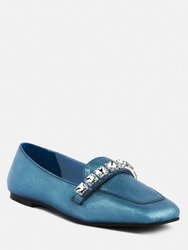 Churros Diamante Embellished Metallic Loafers In Blue - Blue