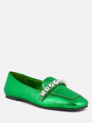 Churros Diamante Embellished Metallic Loafers In Green - Green