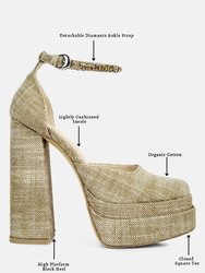 Cosette Diamante Embellished Ankle Strap High Block Heel Sandals In Beige