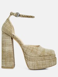 Cosette Diamante Embellished Ankle Strap High Block Heel Sandals In Beige - Beige