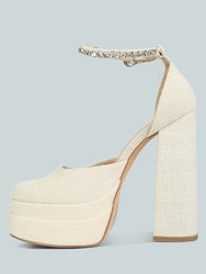 Cosette Diamante Embellished Ankle Strap High Block Heel Sandals In Off White