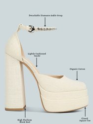 Cosette Diamante Embellished Ankle Strap High Block Heel Sandals In Off White