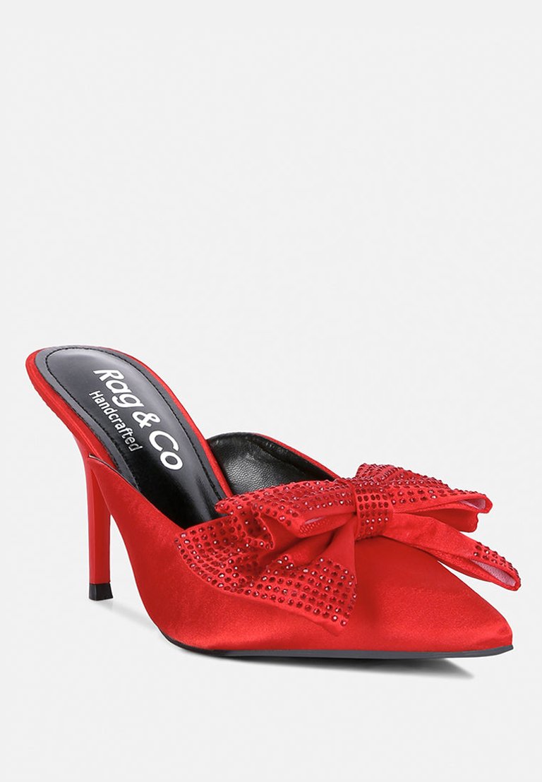 Elisda Red Diamante Bow Heeled Mules - Red