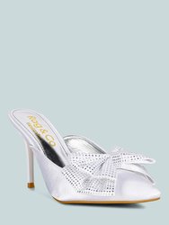 Elisda White Diamante Bow Heeled Mules - White