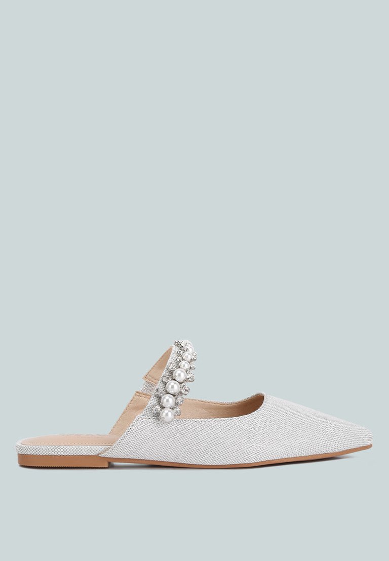 Geode Pearl Embellished Slip On Mules In Silver - Silver