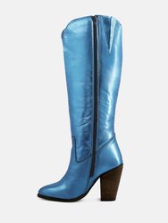 Great-Storm Blue Metallic Leather Knee Boots