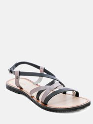 June Black Strappy Flat Leather Sandals - Black/Pewter