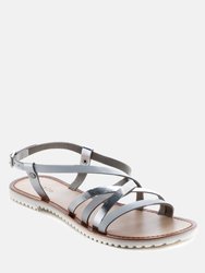 June Silver Strappy Flat Leather Sandals - Silver