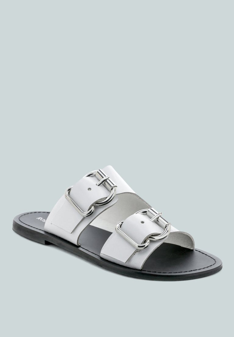 Kelly White Flat Sandal With Buckle Straps - White
