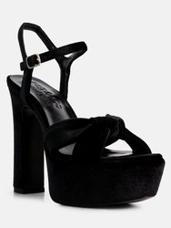 Liddel Black Velvet High Block Heeled Sandals - Black