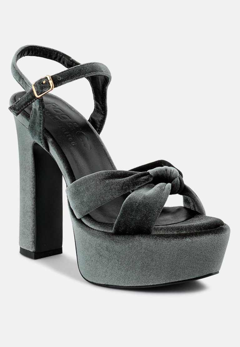 Liddel Grey Velvet High Block Heeled Sandals - Grey
