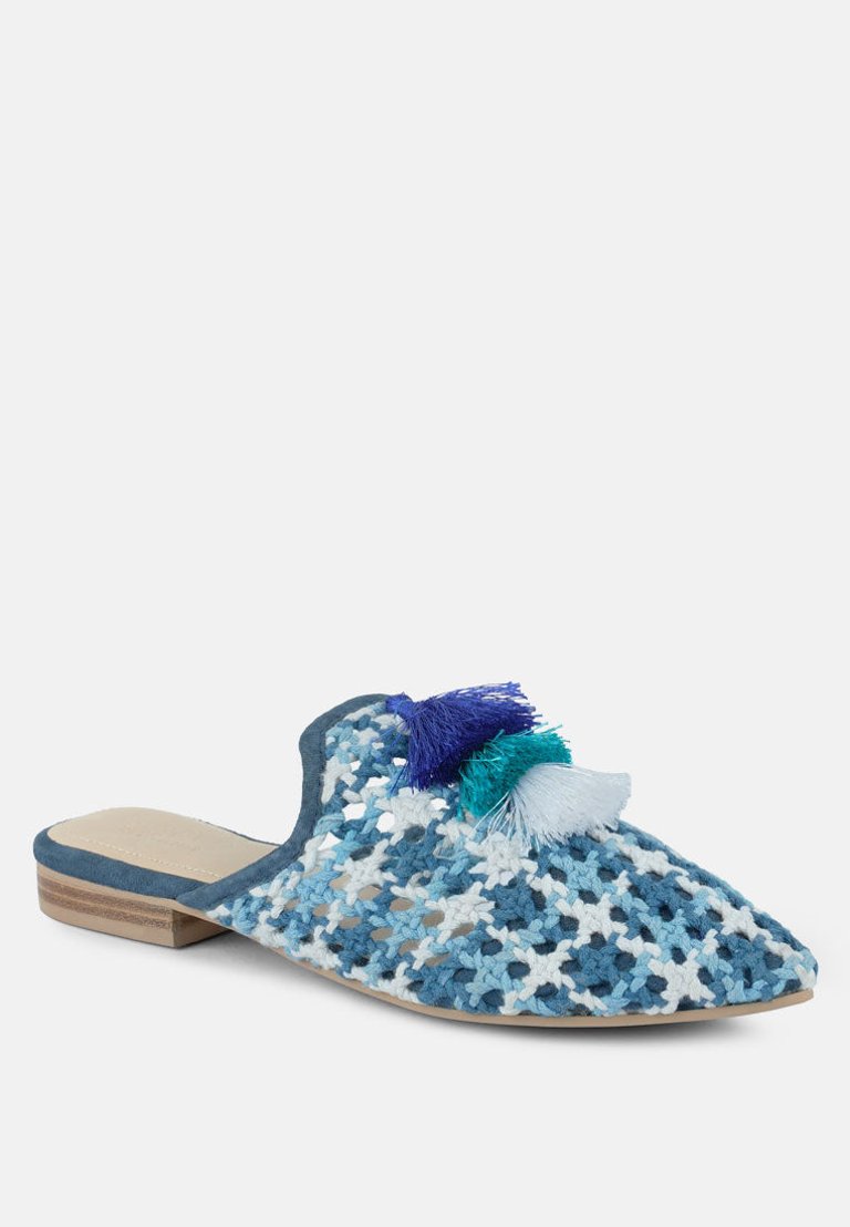Mariana Blue Woven Flat Mules with Tassels - Blue
