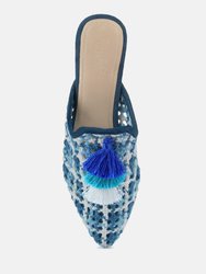 Mariana Blue Woven Flat Mules with Tassels
