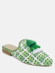 Mariana Green Woven Flat Mules With Tassels - Green