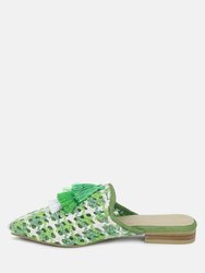 Mariana Green Woven Flat Mules With Tassels