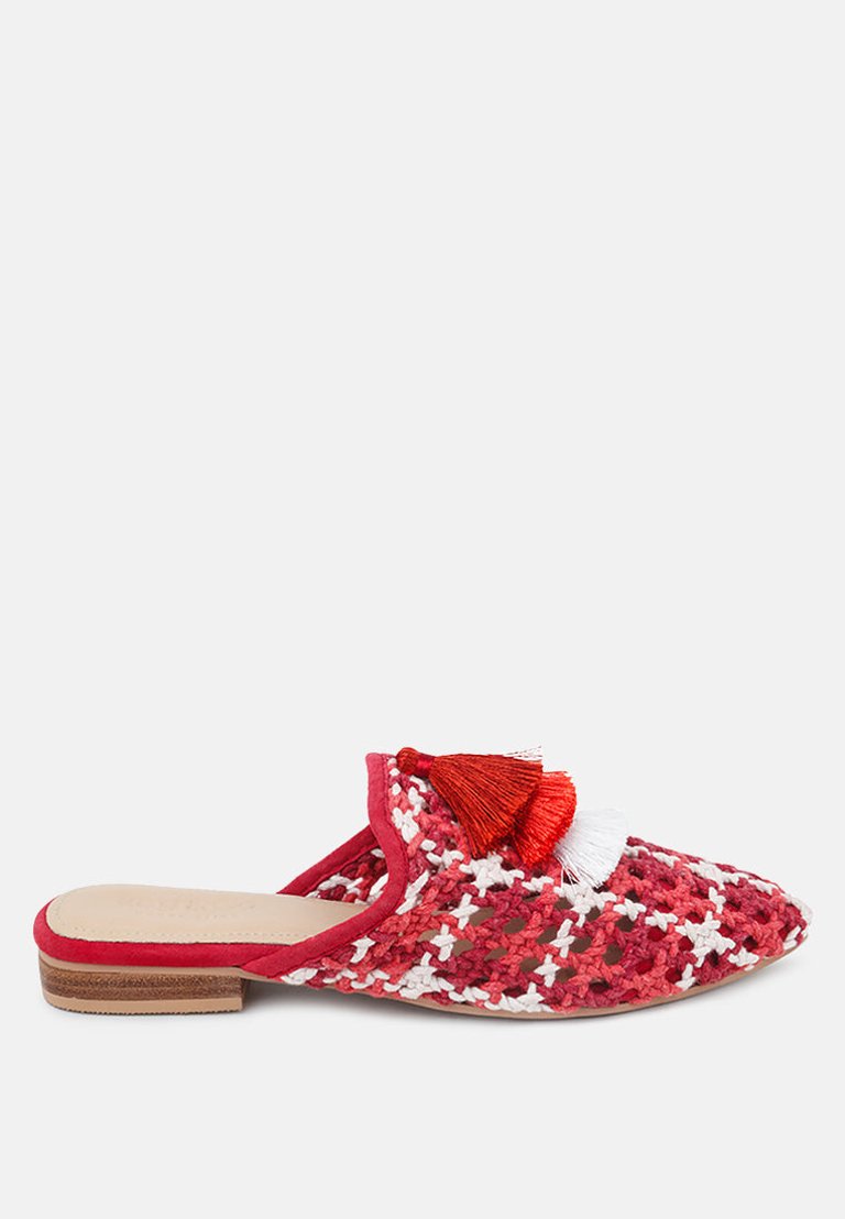 Mariana Red Woven Flat Mules With Tassels