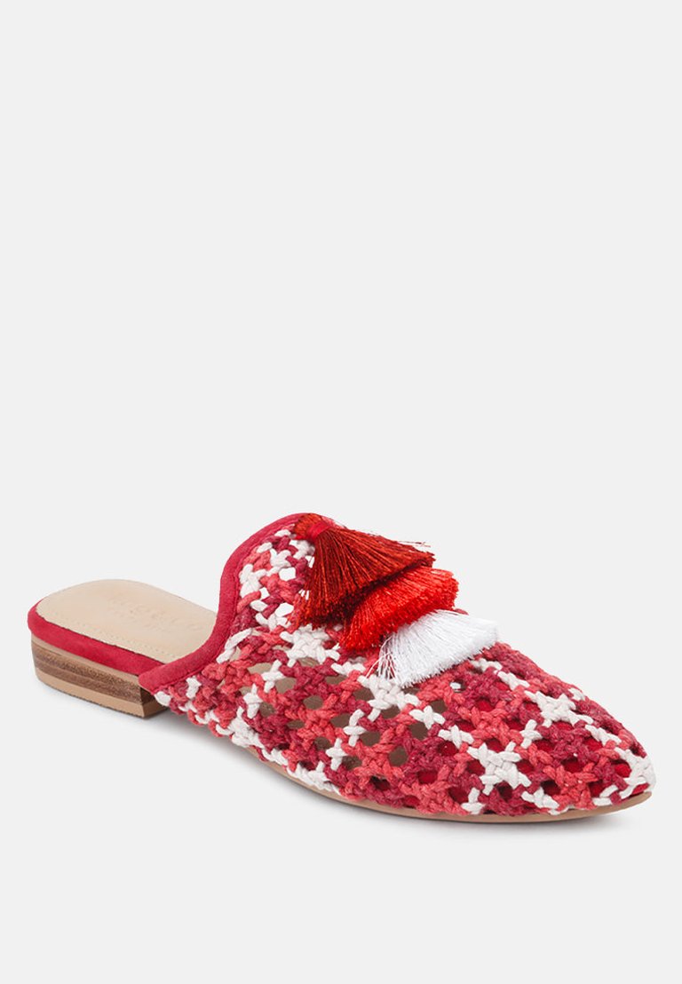 Mariana Red Woven Flat Mules With Tassels - Red