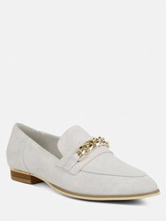 Ricka Chain Embellished Loafers In Beige - Grey