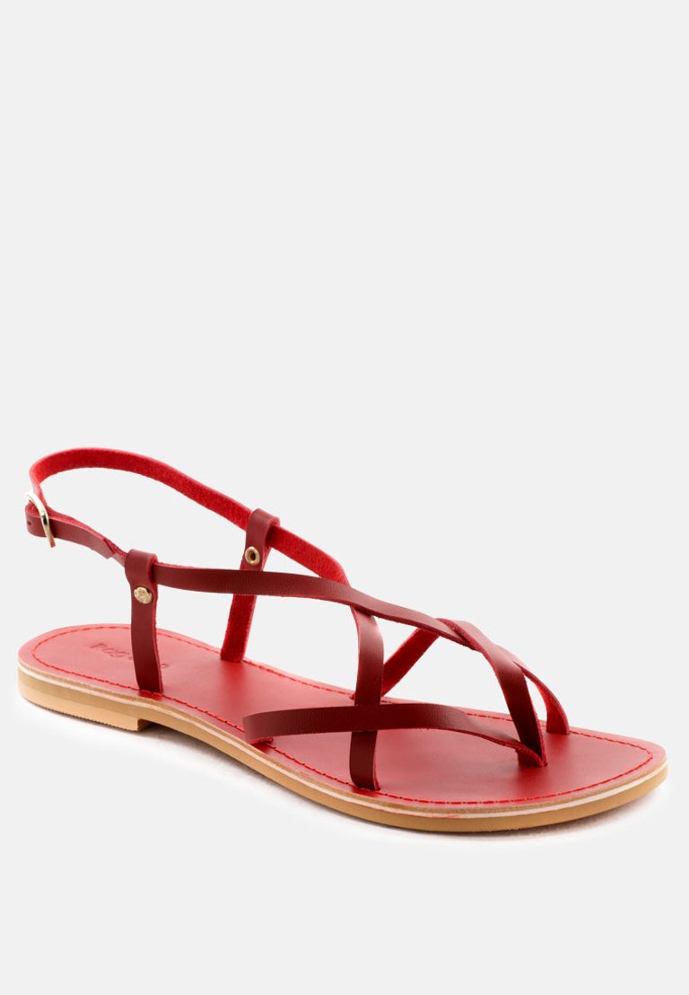 Rita Red Strappy Flat Leather Sandals - Red