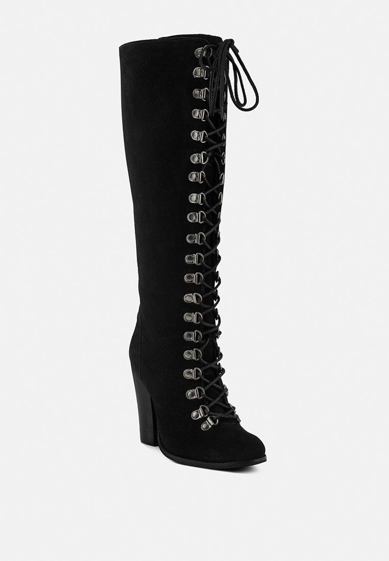 Sleet-Slay Antique Eyelets Lace Up Knee Boots In Black - Black