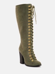 Sleet-Slay Antique Eyelets Lace Up Knee Boots In Olive - Olive
