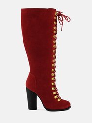 Sleet-Slay Antique Eyelets Lace Up Knee Boots In Red