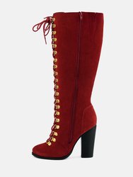 Sleet-Slay Antique Eyelets Lace Up Knee Boots In Red