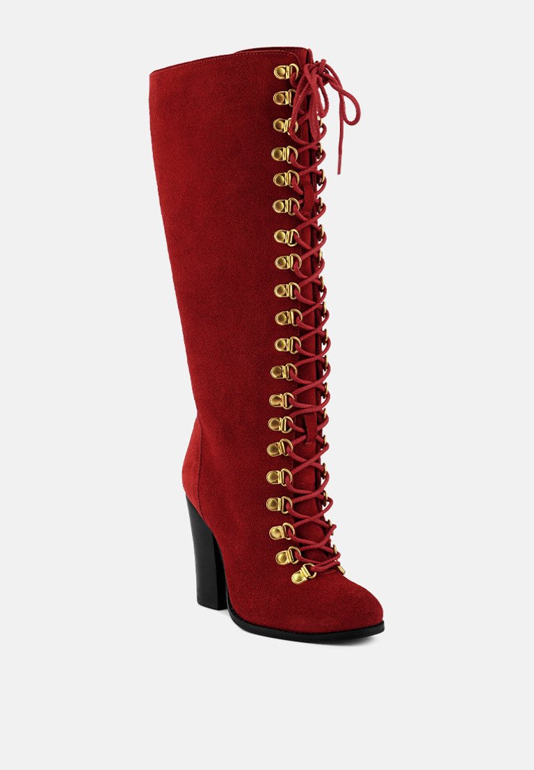 Sleet-Slay Antique Eyelets Lace Up Knee Boots In Red - Red