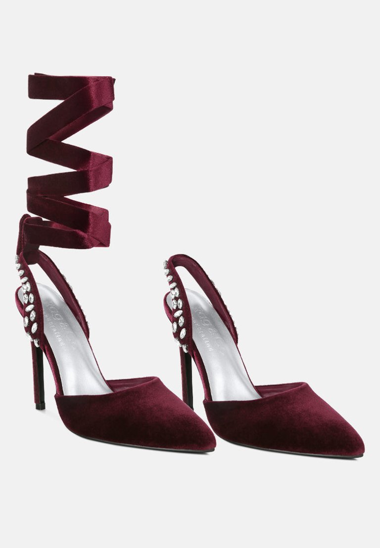 Wallis Burgundy Diamante Embellished Tie Up Stiletto Sandals - Burgundy