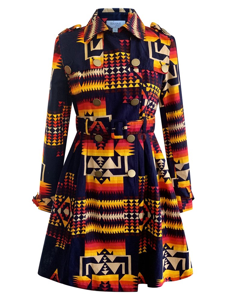 Blue Tribal Print Trench Coat Dress - Navy