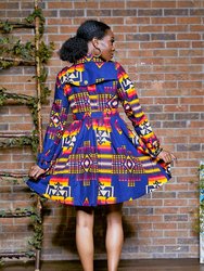 Blue Tribal Print Trench Coat Dress