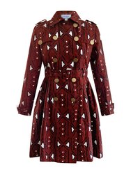 Tribal Print Trench Coat Dress - Burgundy