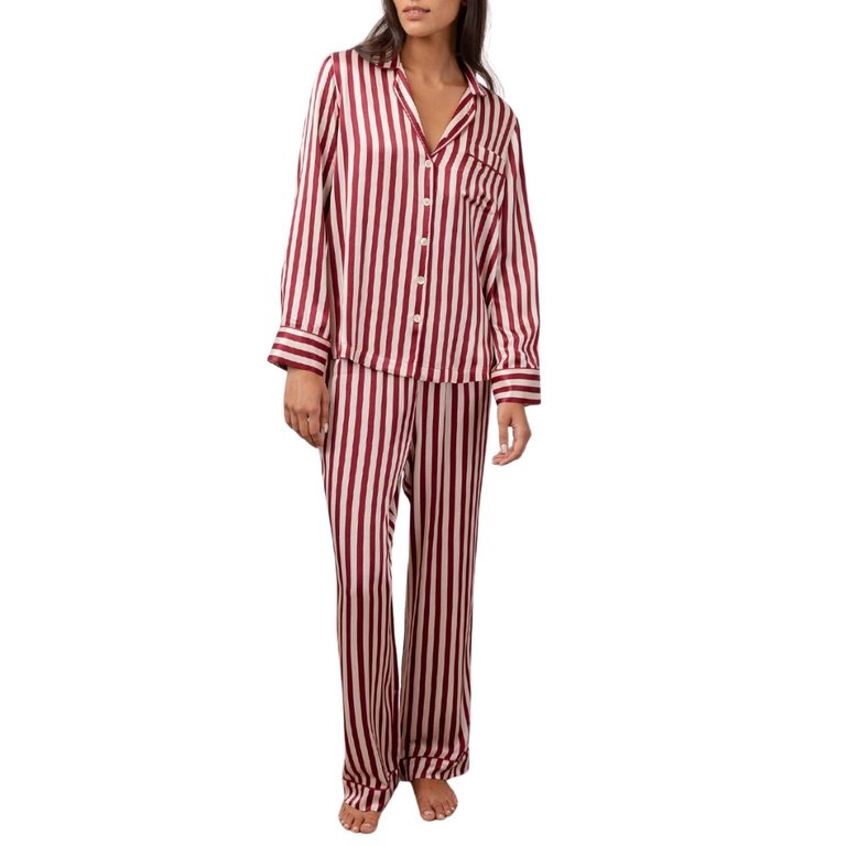 Alba Silky Pajama Set In Blush/wine Stripe - Blush/wine Stripe