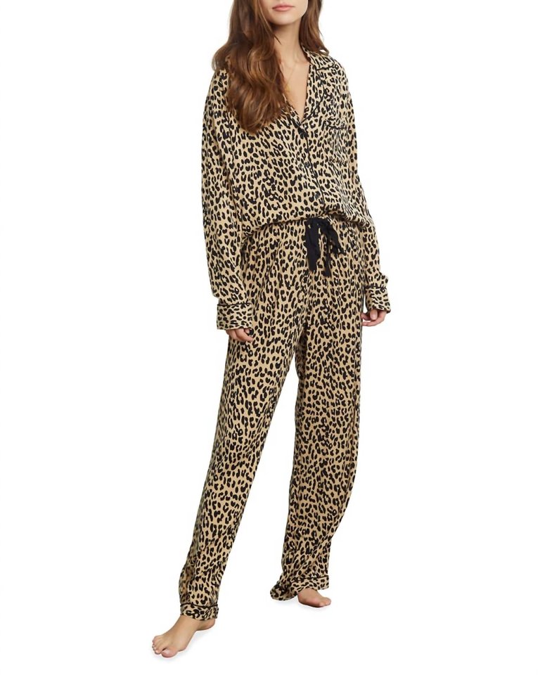 Clara Animal Print Long Pajama Set In Sand Jaguar - Sand Jaguar