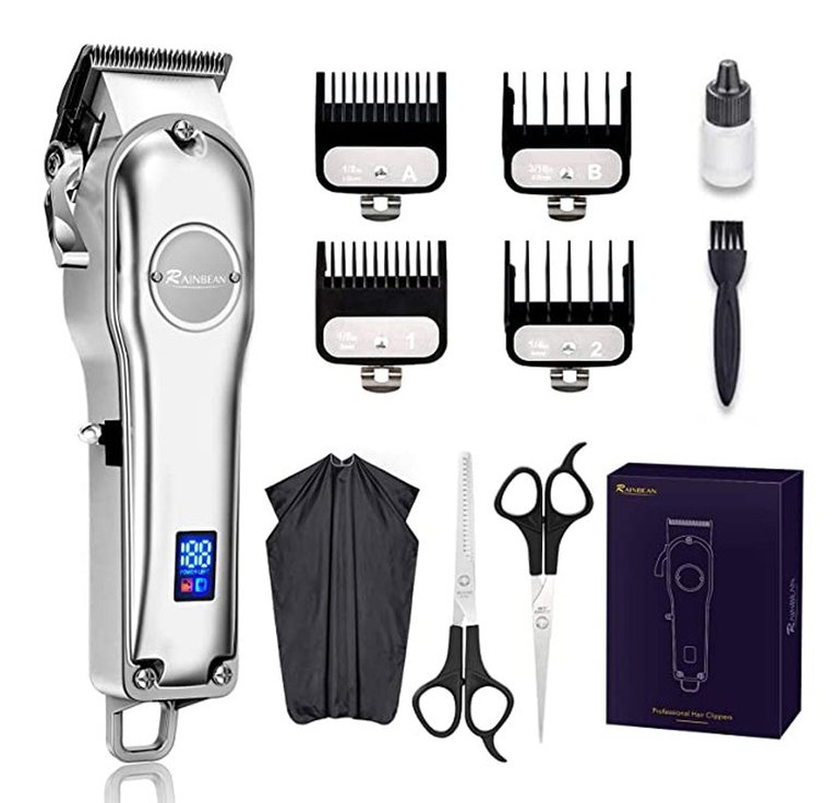 Professional LED Displayed Cordless Hair Trimmer Set With Grooming Kit - Silver