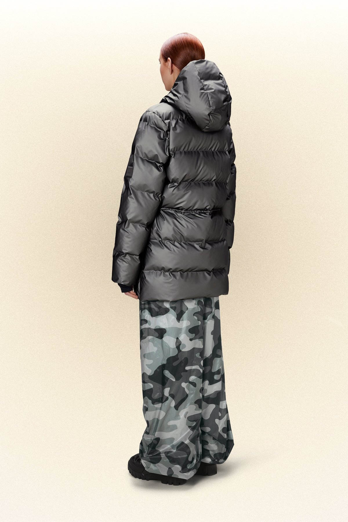 Rains® Alta Long Puffer Jacket in Metallic Grey for $515