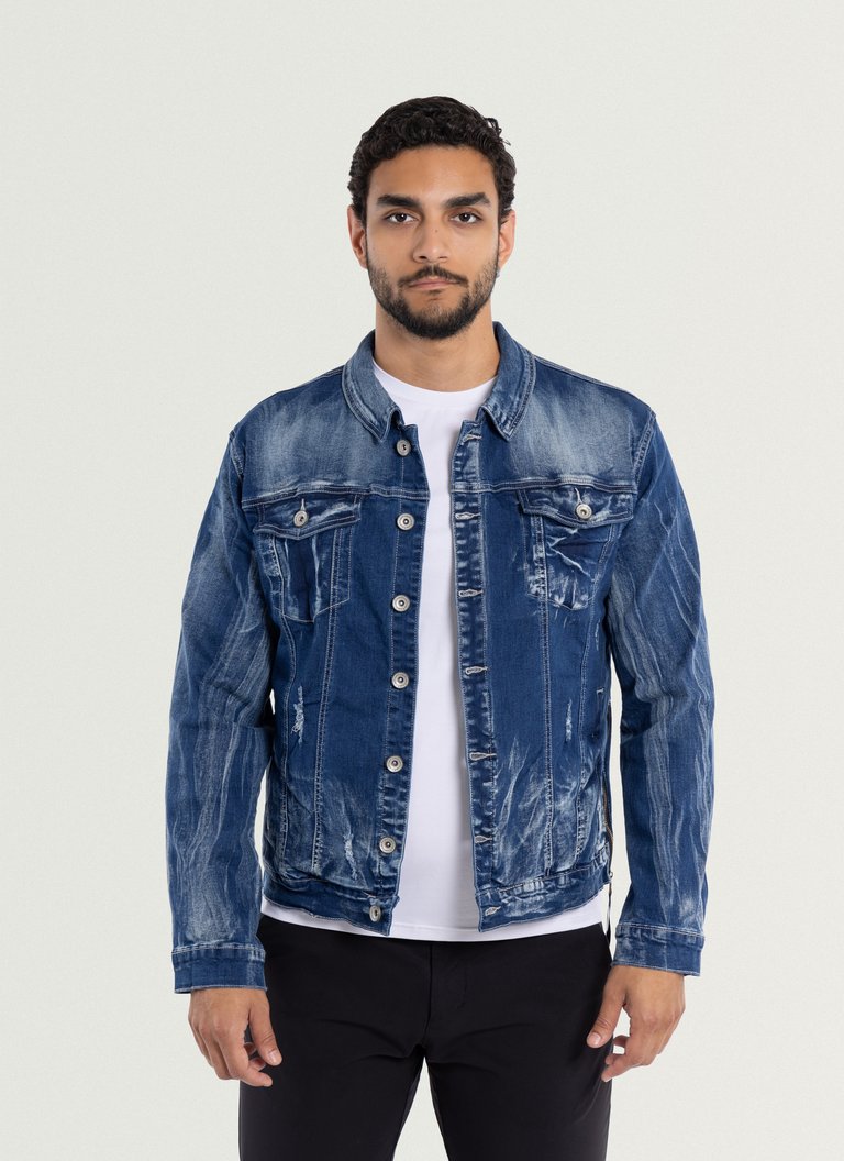 Men's Denim Jacket Medium Distressed Rips - Blue